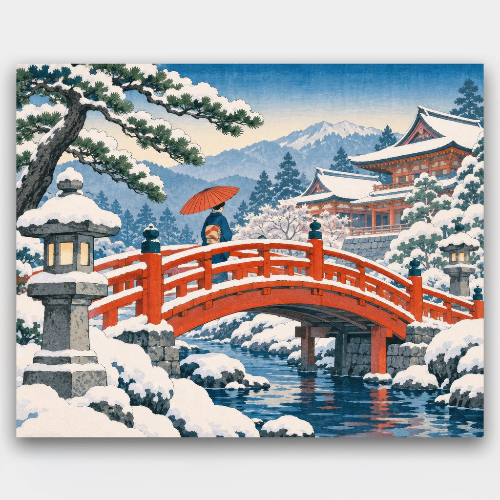 Red Bridge in the Snow paint by numbers kit of a figure with a red umbrella crossing a red bridge in a snowy temple garden