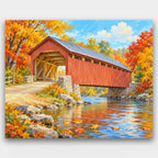 Red Covered Bridge paint by numbers kit of a red wooden covered bridge over a stream surrounded by orange and gold autumn trees