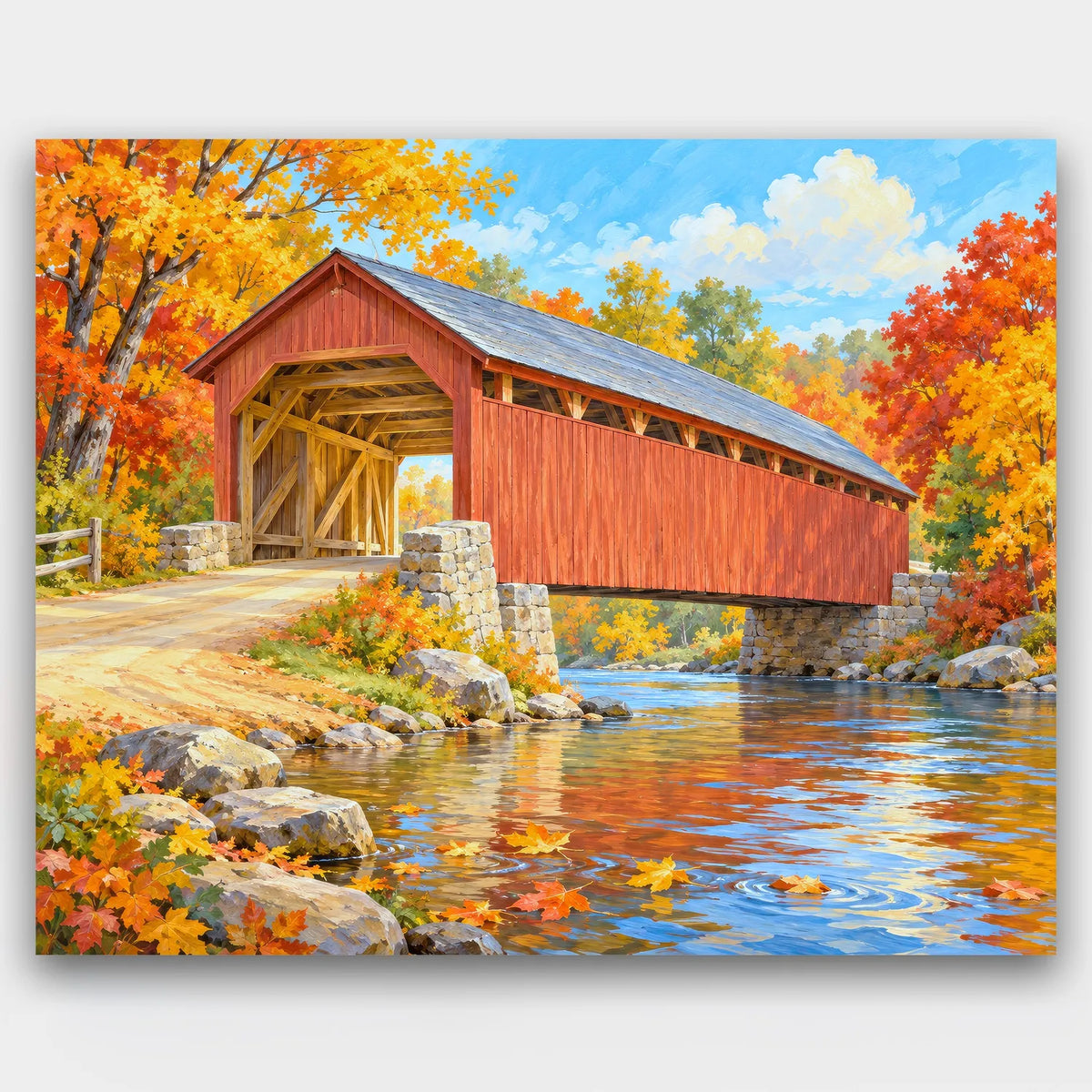 Red Covered Bridge paint by numbers kit of a red wooden covered bridge over a stream surrounded by orange and gold autumn trees