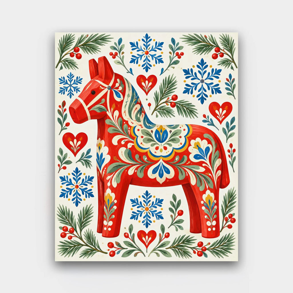 Red Dala Horse paint by numbers kit of a red Scandinavian painted wooden horse with flowers, snowflakes and hearts on cream