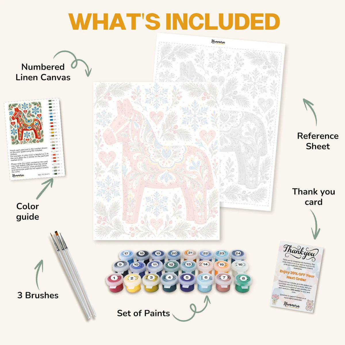 What's included in the Red Dala Horse paint by numbers kit: numbered linen canvas, reference sheet, color guide, 24 acrylic paints, 3 brushes and thank you card
