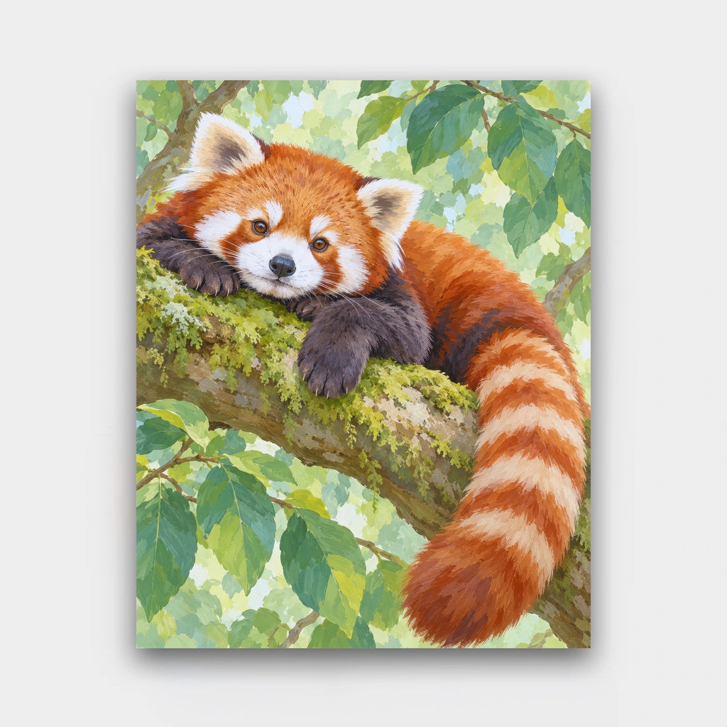 Red Panda Siesta paint by numbers kit of a red panda resting on a mossy branch among green leaves