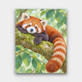 Red Panda Siesta paint by numbers kit of a red panda resting on a mossy branch among green leaves