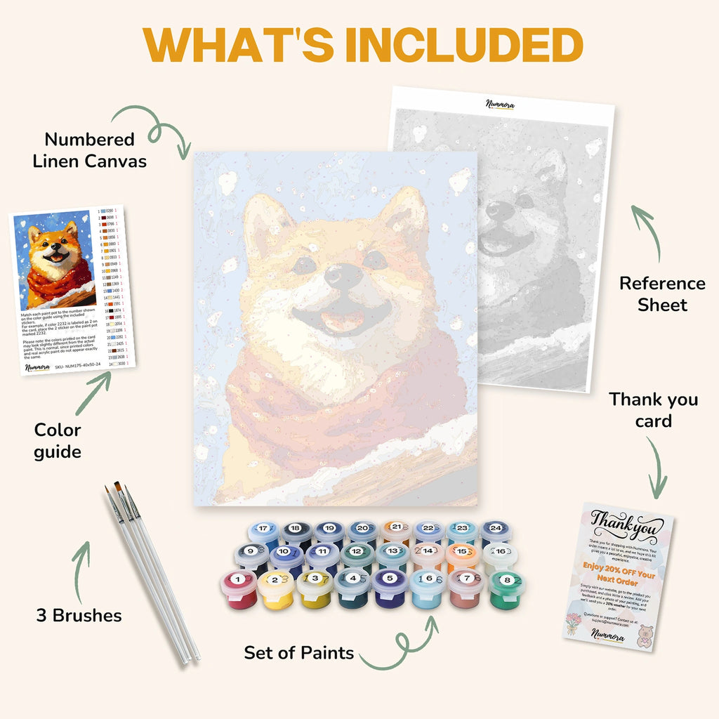 What's included in the Red Scarf, Happy Heart paint by numbers kit: numbered linen canvas, reference sheet, color guide, 24 acrylic paints, 3 brushes and thank you card