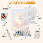 What's included in the Red Scarf, Happy Heart paint by numbers kit: numbered linen canvas, reference sheet, color guide, 24 acrylic paints, 3 brushes and thank you card