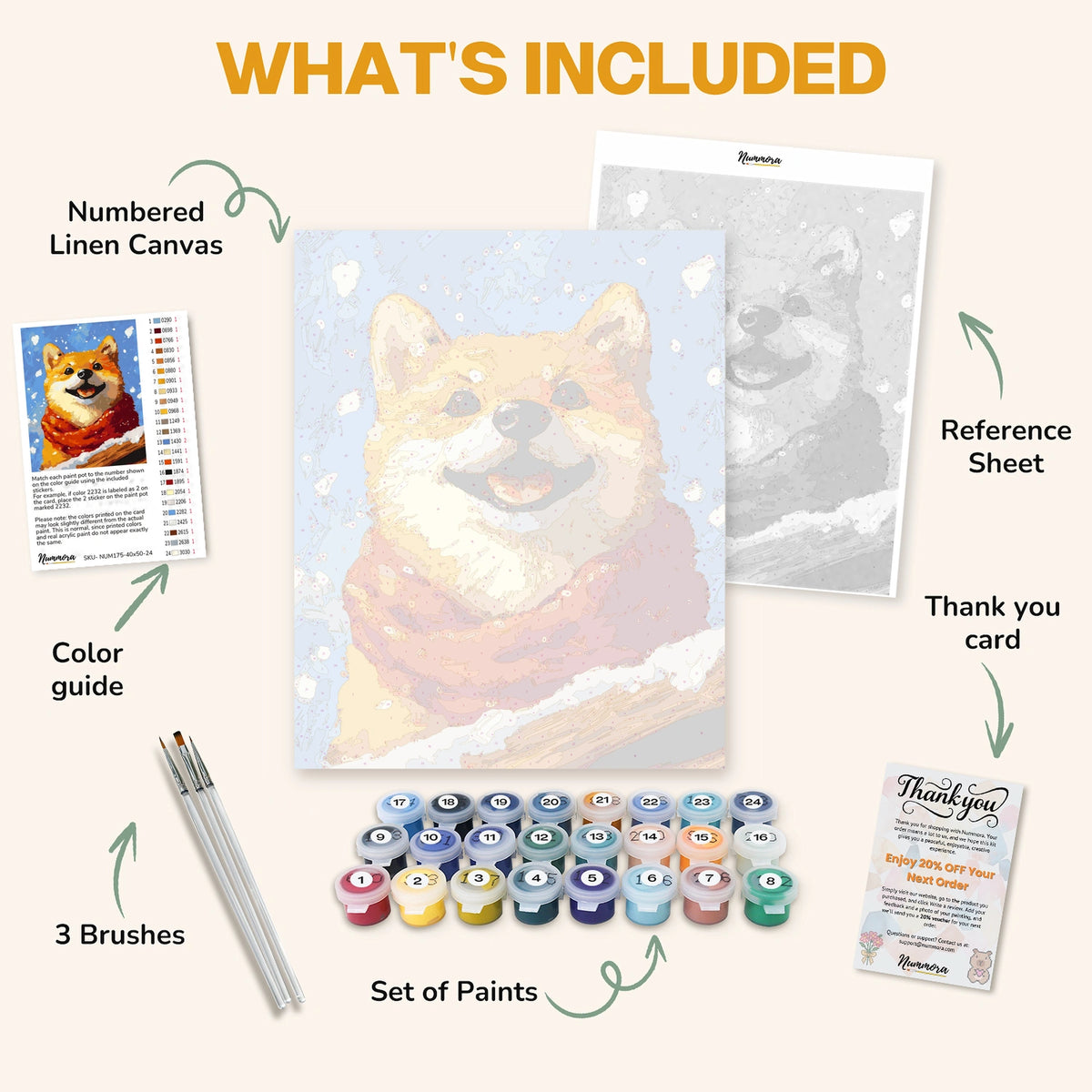 What's included in the Red Scarf, Happy Heart paint by numbers kit: numbered linen canvas, reference sheet, color guide, 24 acrylic paints, 3 brushes and thank you card