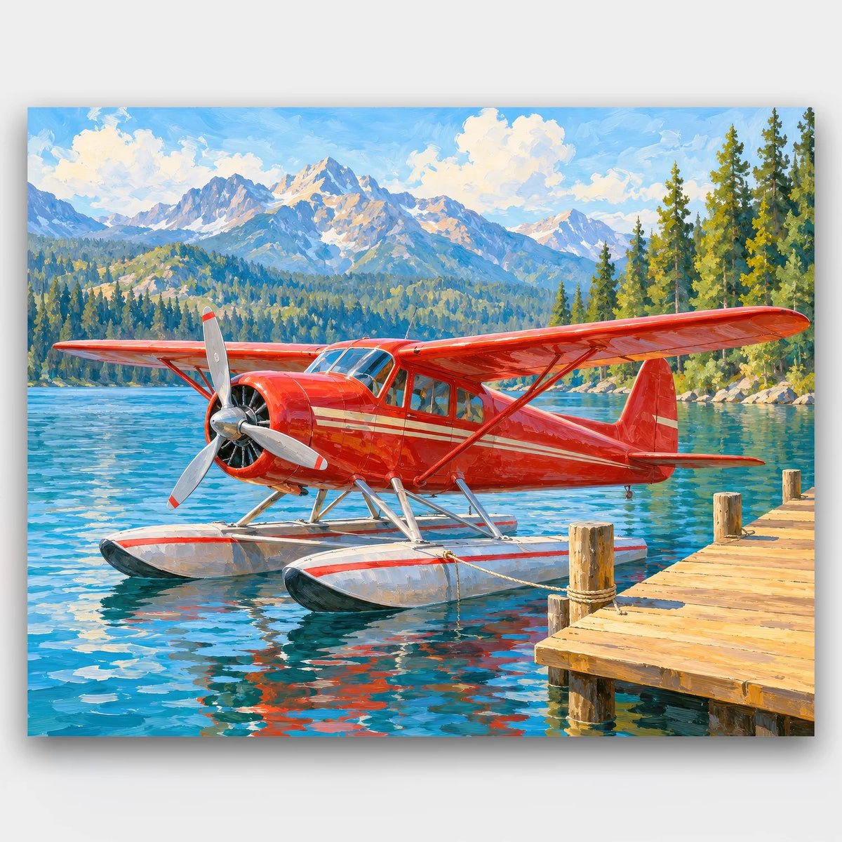 Red Seaplane at the Dock paint by numbers kit of a vintage red seaplane moored at a lake dock with pines and mountains