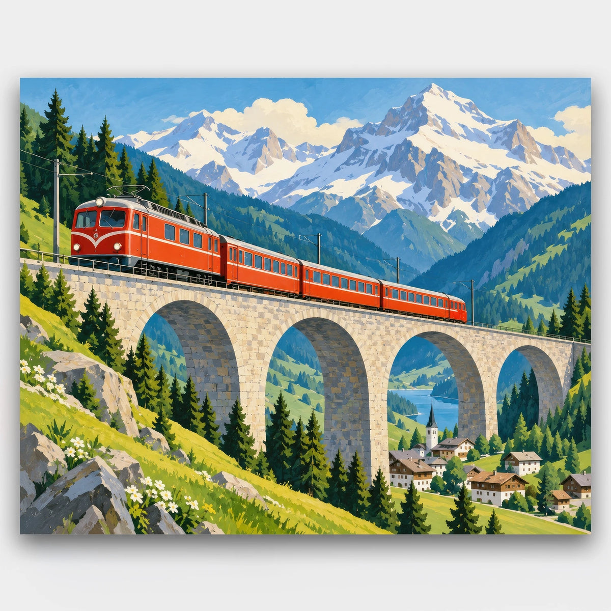 Red Train Over the Viaduct paint by numbers kit of a red train crossing a stone viaduct below snowy alpine peaks and a village