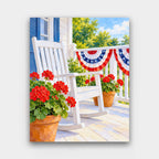 Red, White and Blue Porch paint by numbers kit of a white rocking chair and red geraniums on a porch hung with flag bunting