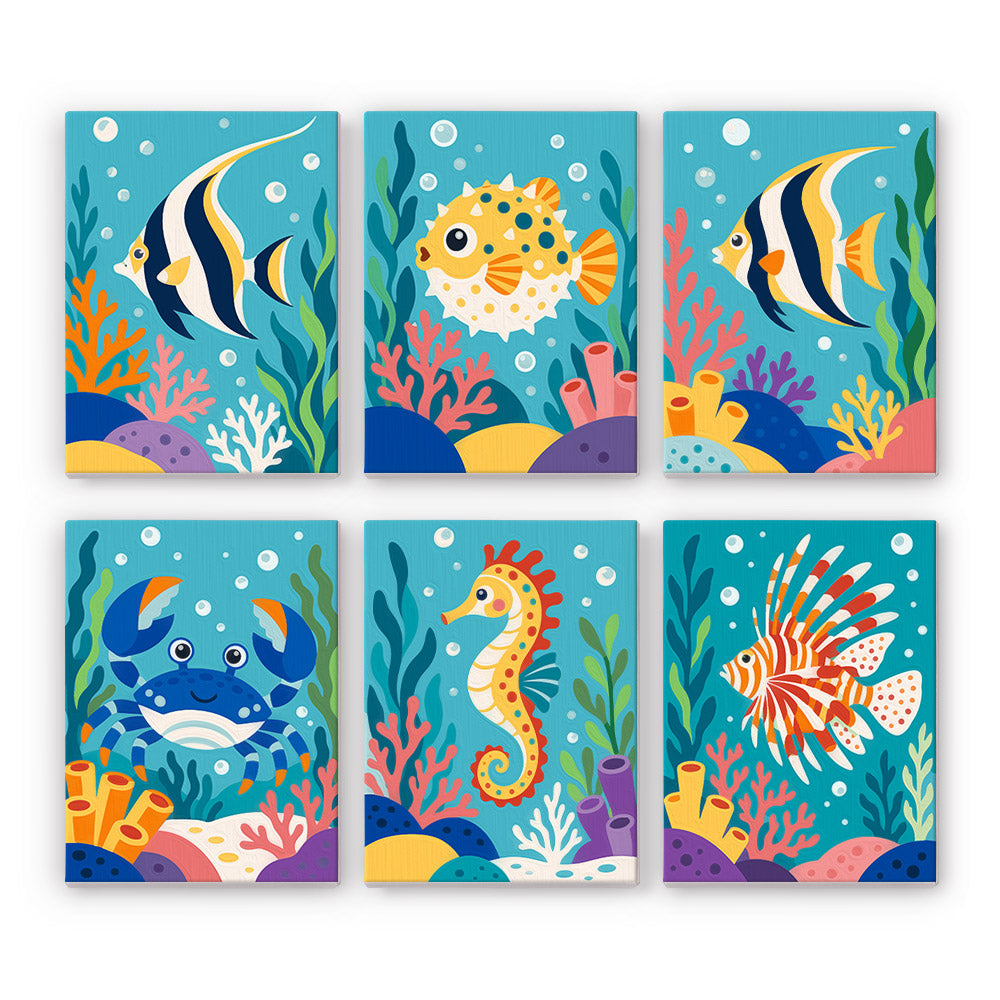 Reef Friends mini paint by numbers set: six coral reef creatures, including striped fish, a pufferfish, a crab, a seahorse and a lionfish