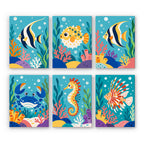 Reef Friends mini paint by numbers set: six coral reef creatures, including striped fish, a pufferfish, a crab, a seahorse and a lionfish