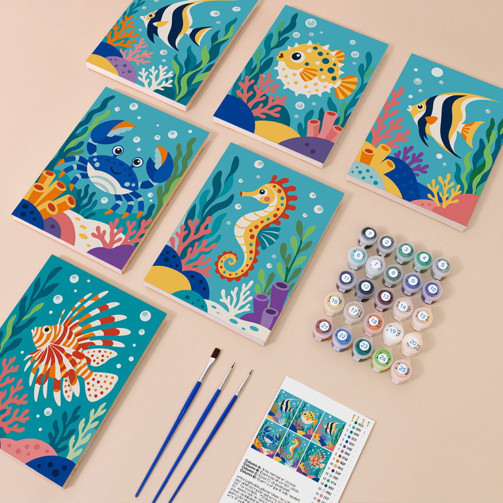 Reef Friends mini paint by numbers kit with six numbered canvases, acrylic paints, brushes and layout