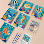 Reef Friends mini paint by numbers kit with six numbered canvases, acrylic paints, brushes and layout