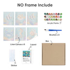 What's included without a frame: six rolled Reef Friends mini canvases, acrylic paints, three brushes and layout