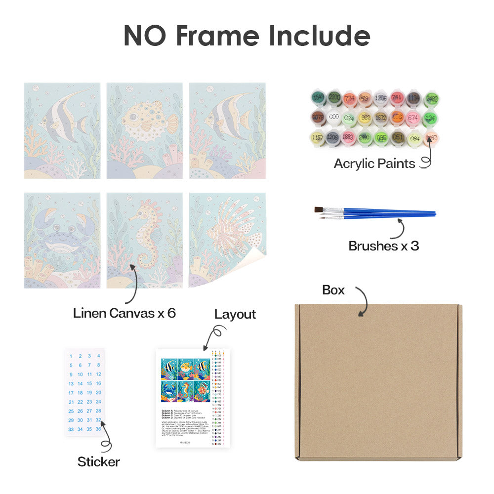 What's included without a frame: six rolled Reef Friends mini canvases, acrylic paints, three brushes and layout