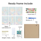 What's included pre-stretched on frame: six framed Reef Friends mini canvases, paints, three brushes, hangers and layout
