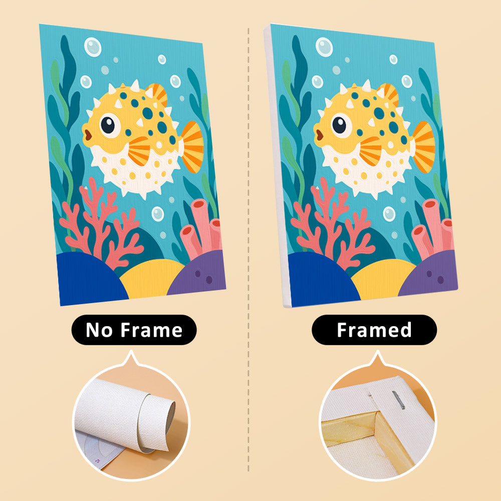 Reef Friends mini canvas shown rolled without a frame and pre-stretched on a frame