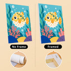 Reef Friends mini canvas shown rolled without a frame and pre-stretched on a frame