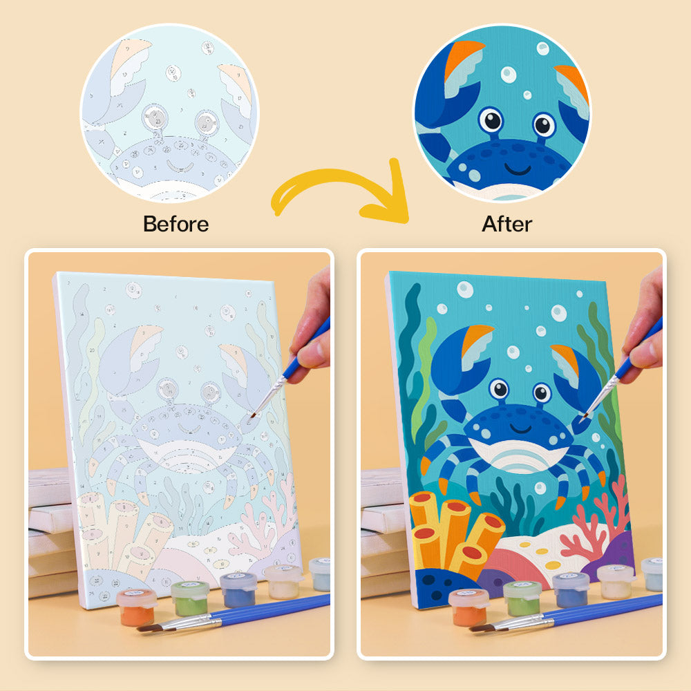 Before and after of a Reef Friends mini paint by numbers canvas