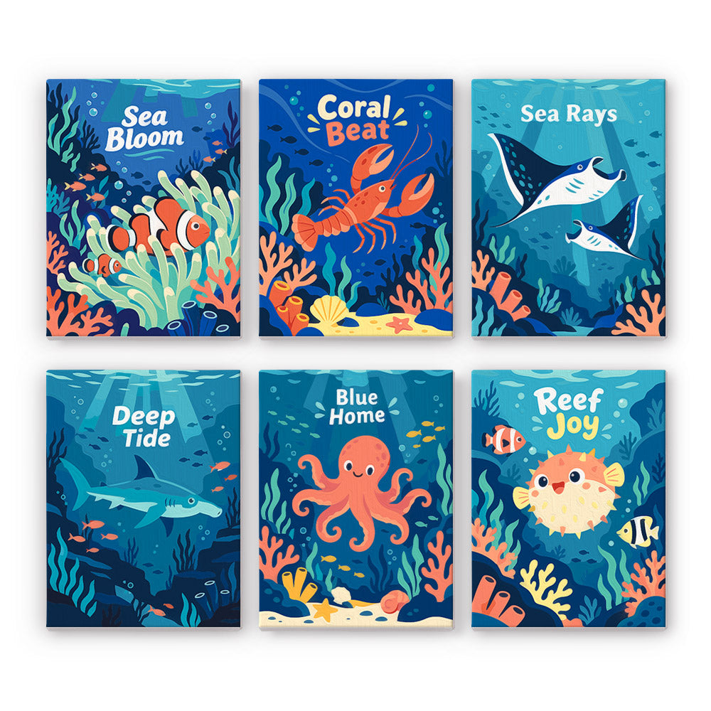 Reef Joy mini paint by numbers set: six ocean designs of a clownfish, lobster, manta rays, shark, octopus and pufferfish