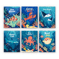 Reef Joy mini paint by numbers set: six ocean designs of a clownfish, lobster, manta rays, shark, octopus and pufferfish