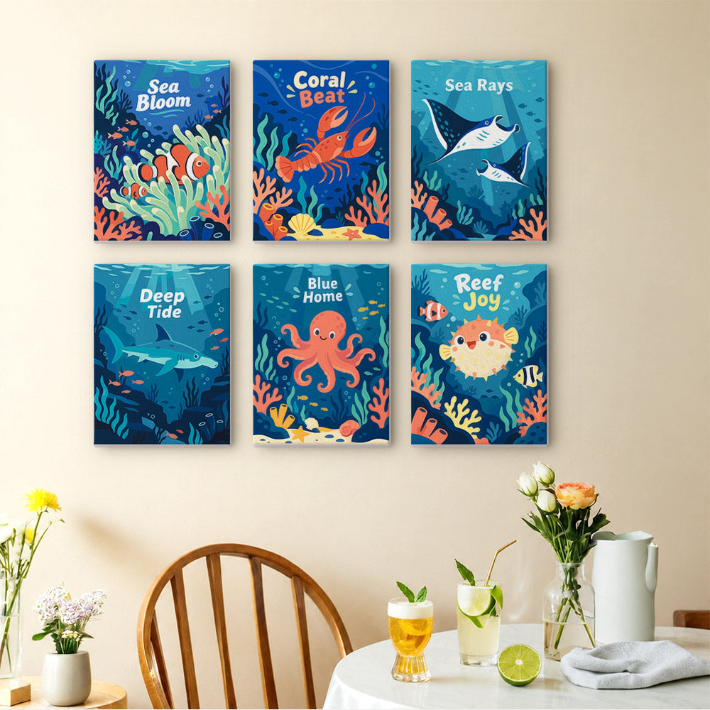 Reef Joy mini paintings displayed as a gallery wall in a sunny kitchen