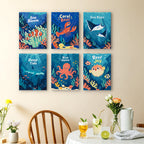 Reef Joy mini paintings displayed as a gallery wall in a sunny kitchen