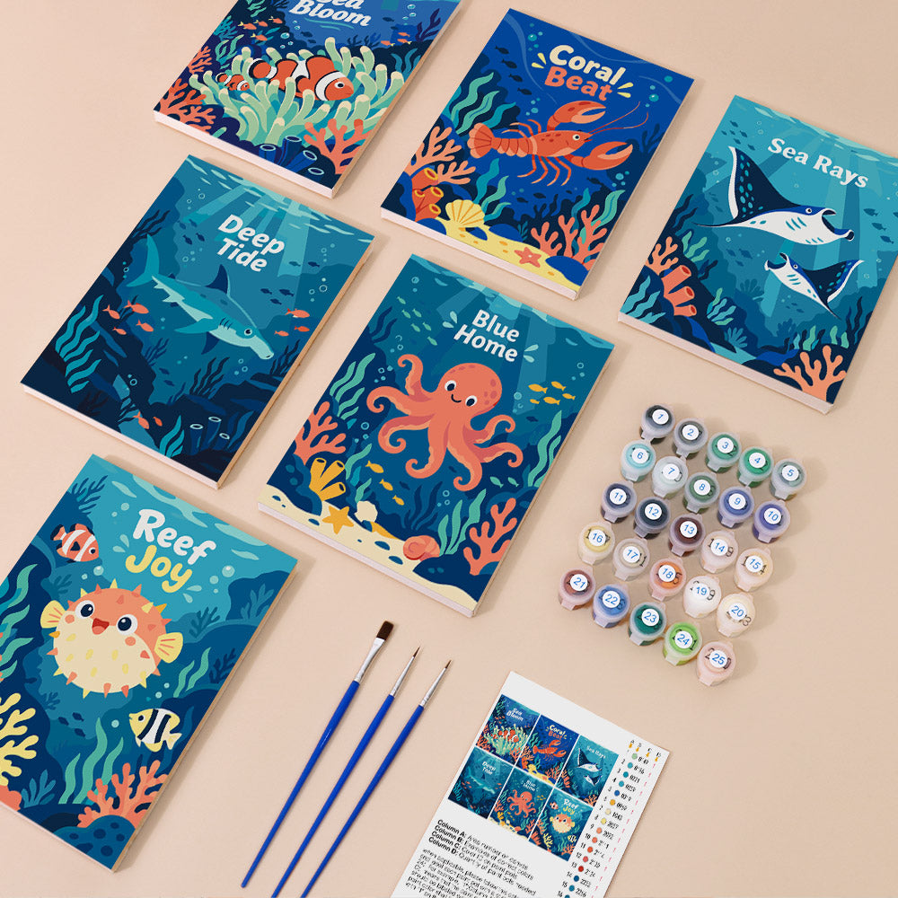 Reef Joy mini paint by numbers kit with six numbered canvases, acrylic paints, brushes and layout
