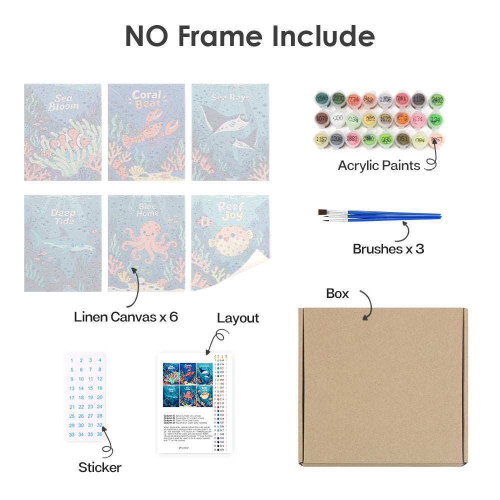 What's included without a frame: six rolled Reef Joy mini canvases, acrylic paints, three brushes and layout