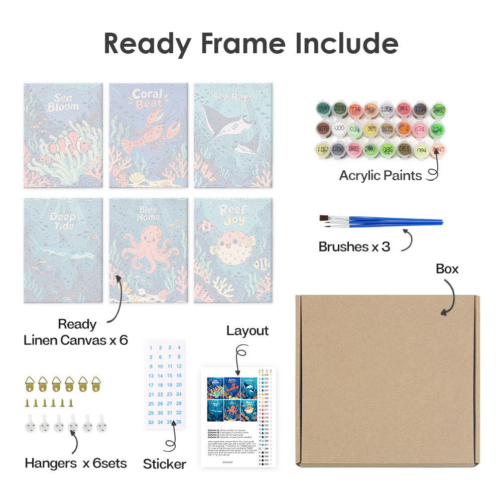 What's included pre-stretched on frame: six framed Reef Joy mini canvases, paints, three brushes, hangers and layout