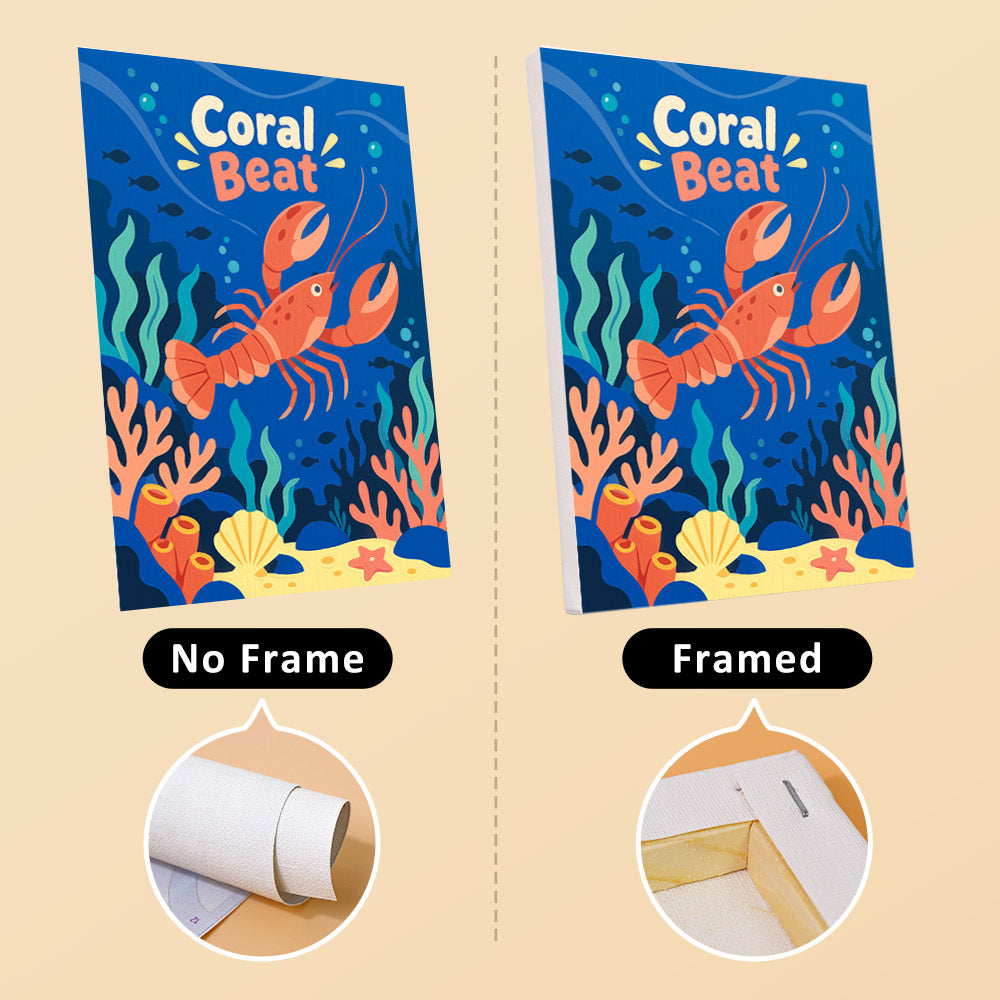 Reef Joy mini canvas shown rolled without a frame and pre-stretched on a frame