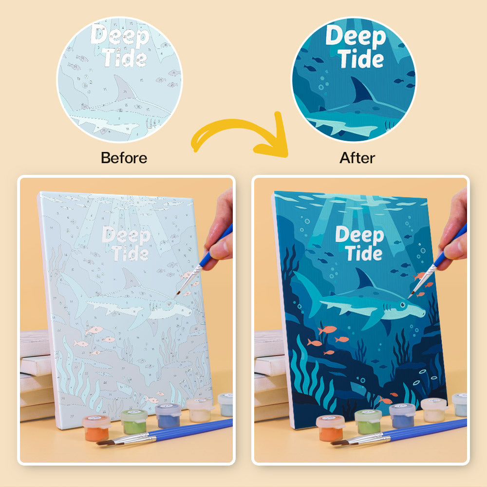 Before and after of a Reef Joy mini paint by numbers canvas