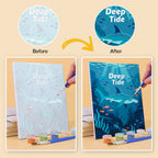 Before and after of a Reef Joy mini paint by numbers canvas