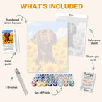 What's included in the Regal Lab Among Sunflowers paint by numbers kit: numbered linen canvas, reference sheet, color guide, 24 acrylic paints, 3 brushes and thank you card