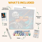 What's included in the Requiem of the Undead paint by numbers kit: numbered linen canvas, reference sheet, color guide, 24 acrylic paints, 3 brushes and thank you card