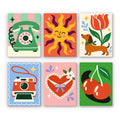 Retro Charms mini paint by numbers set: six pop art icons of a phone, sun, tulip and dachshund, camera, heart and cherries