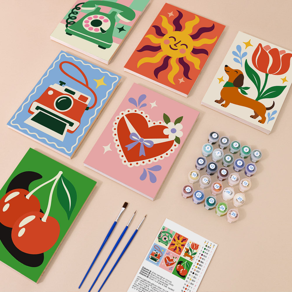 Retro Charms mini paint by numbers kit with six numbered canvases, acrylic paints, brushes and layout