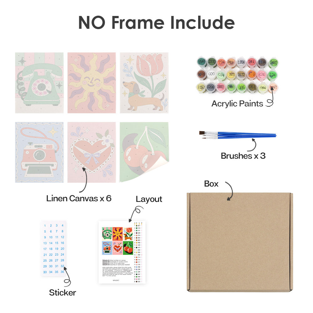 What's included without a frame: six rolled Retro Charms mini canvases, acrylic paints, three brushes and layout