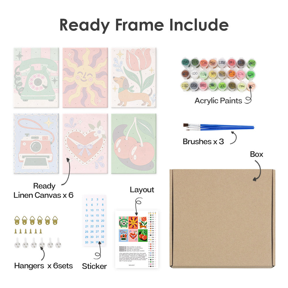What's included pre-stretched on frame: six framed Retro Charms mini canvases, paints, three brushes, hangers and layout