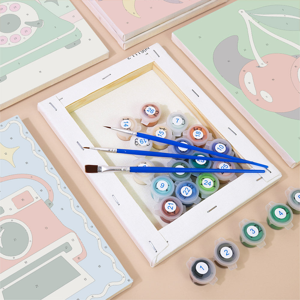 Numbered paint pots and brushes on a pre-stretched Retro Charms mini canvas