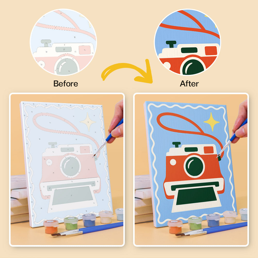 Before and after of a Retro Charms mini paint by numbers canvas