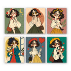 Retro Curls mini paint by numbers set: six portraits of a curly-haired girl in round glasses and vintage outfits
