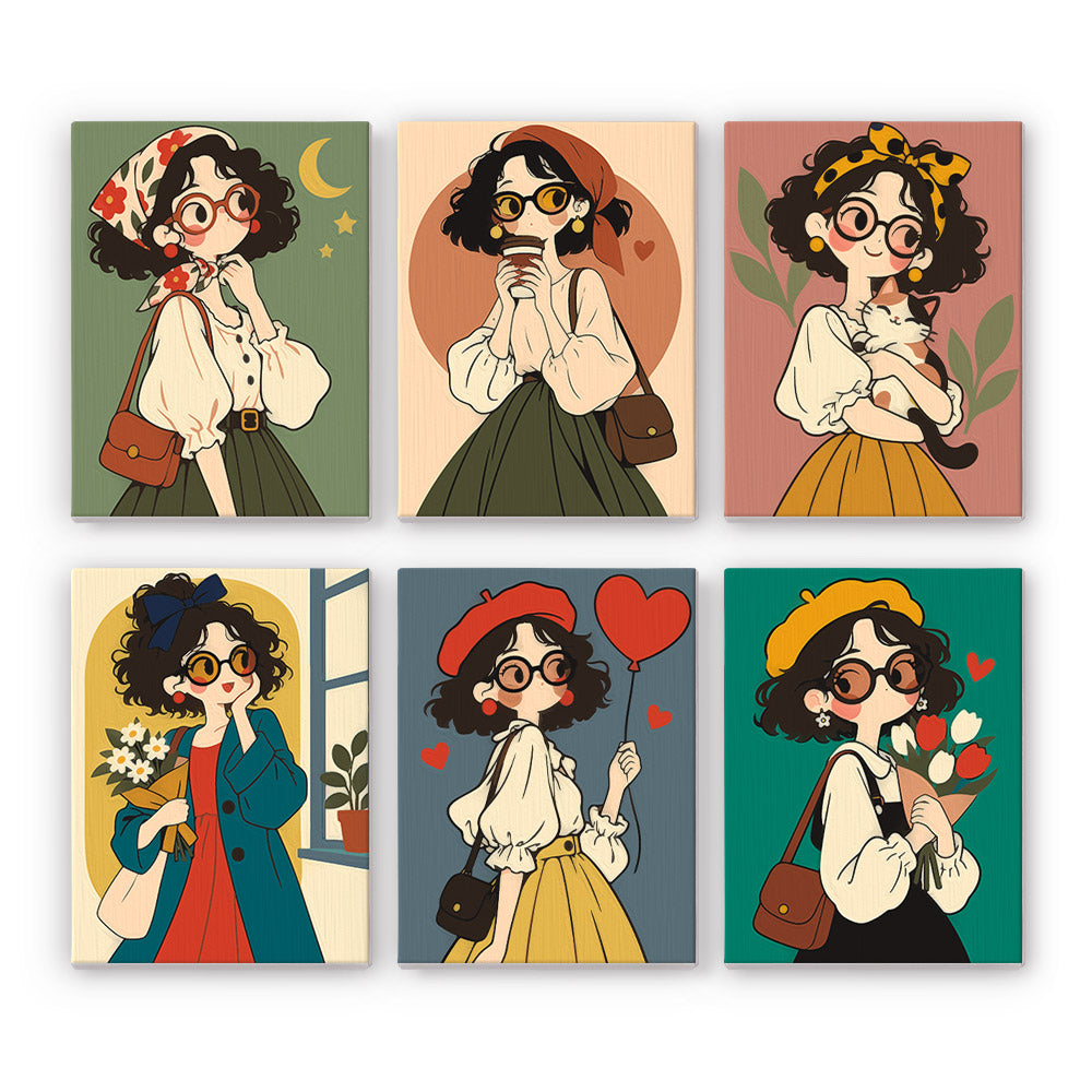 Retro Curls mini paint by numbers set: six portraits of a curly-haired girl in round glasses and vintage outfits
