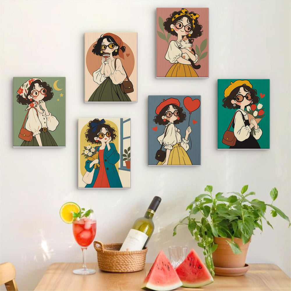 Six finished Retro Curls mini paintings hung on a wall above a table