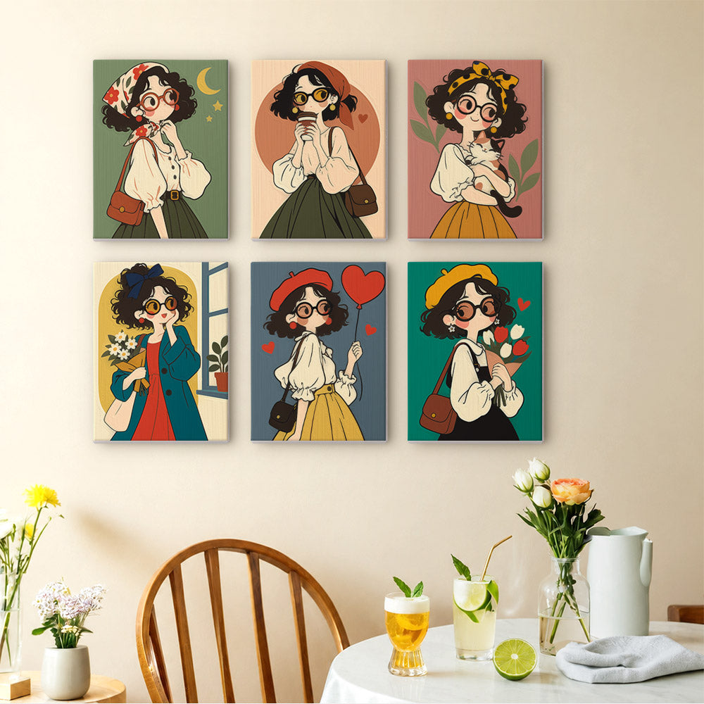 Retro Curls mini paintings displayed as a gallery wall in a sunny kitchen