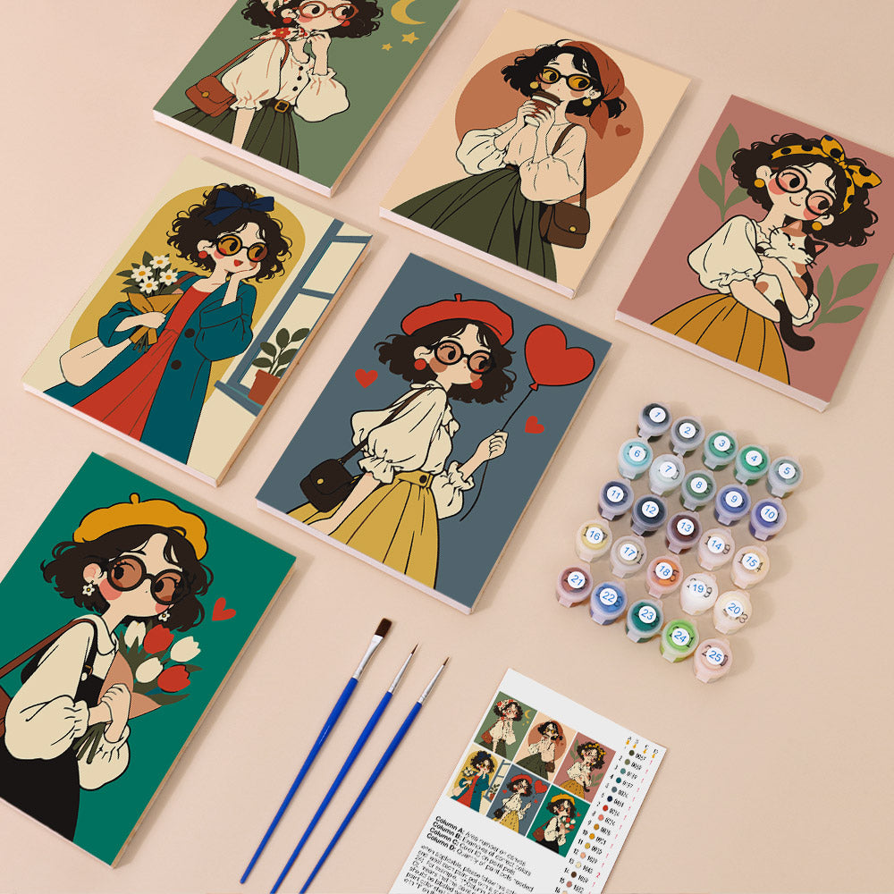 Retro Curls mini paint by numbers kit with six numbered canvases, acrylic paints, brushes and layout