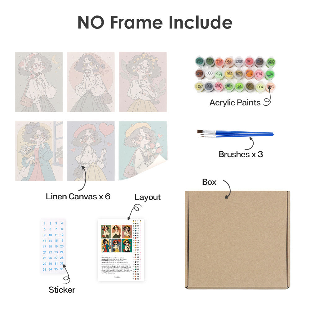 What's included without a frame: six rolled Retro Curls mini canvases, acrylic paints, three brushes and layout