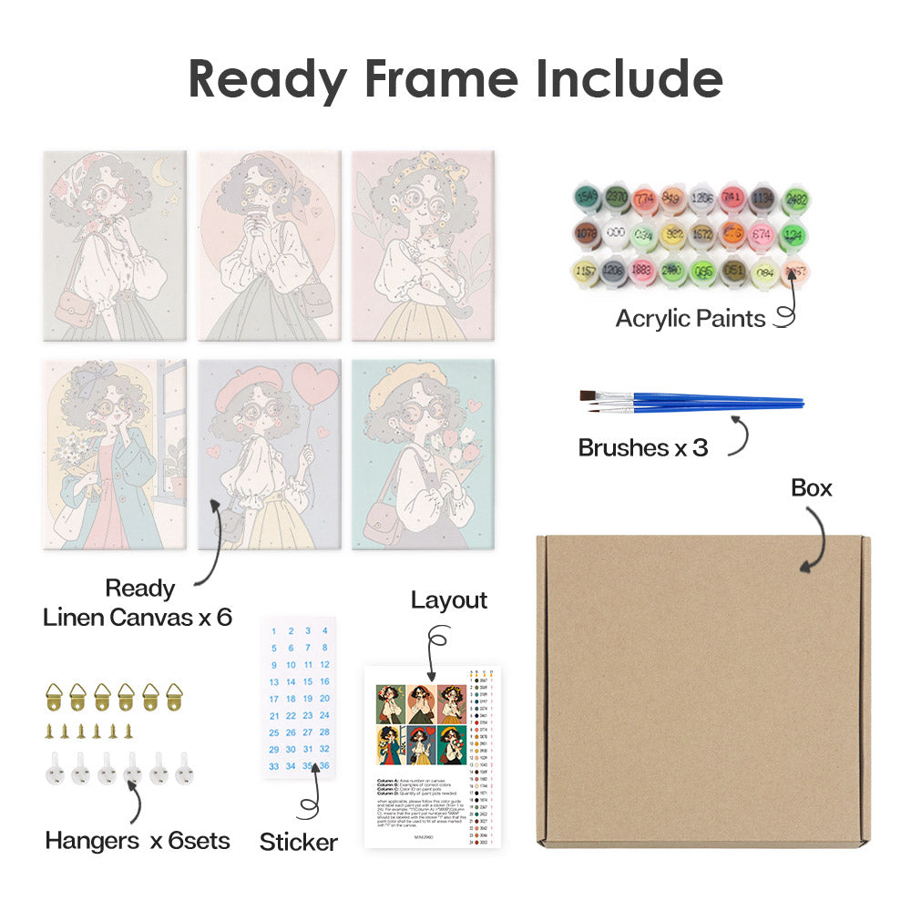 What's included pre-stretched on frame: six framed Retro Curls mini canvases, paints, three brushes, hangers and layout