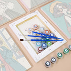 Numbered paint pots and brushes on a pre-stretched Retro Curls mini canvas
