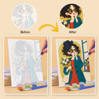Before and after of a Retro Curls mini paint by numbers canvas